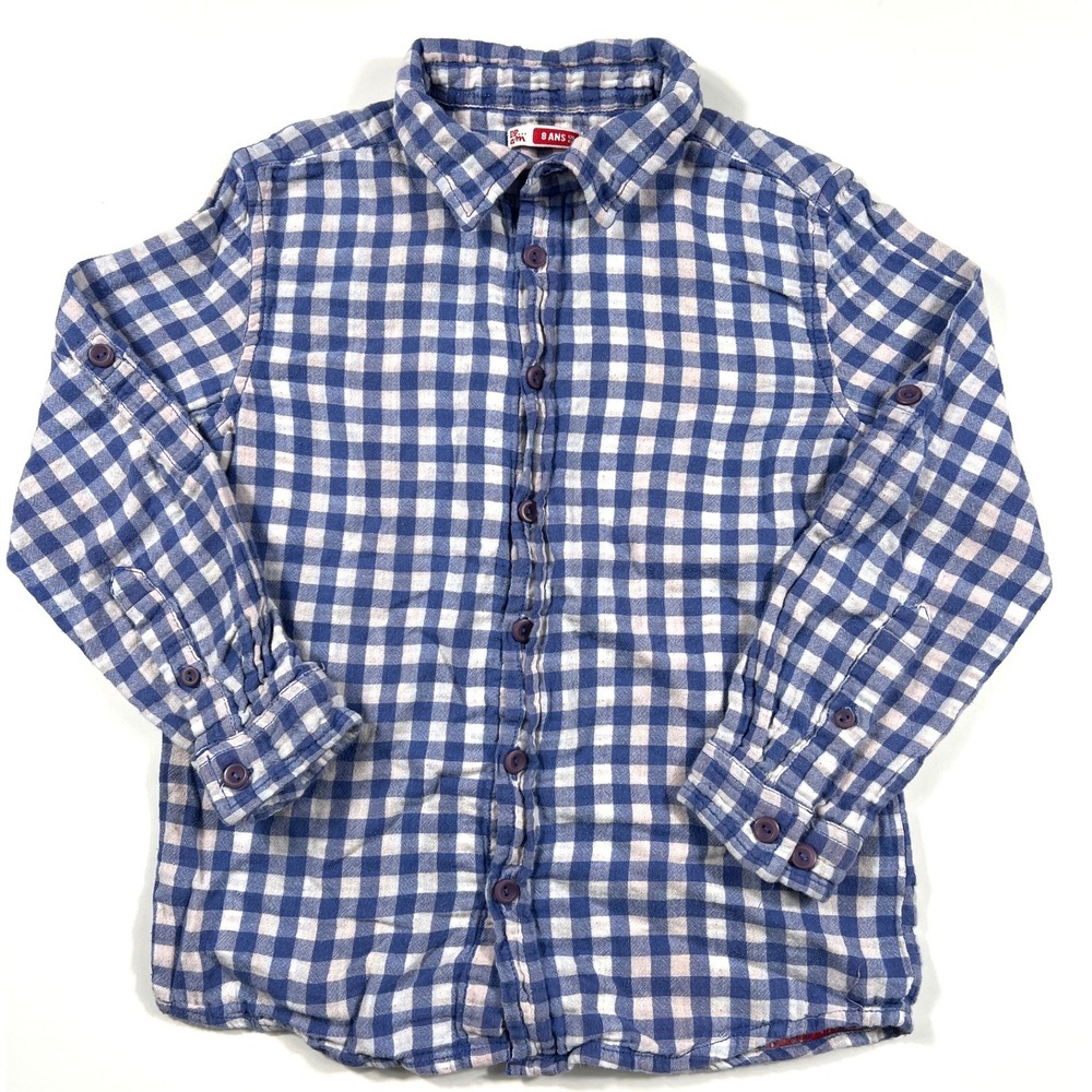 DPAM Boys Blue White Gingham Plaid Button Down Shirt 8Y 126cm Roll Tab Sleeve